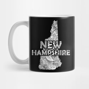 Mandala art map of New Hampshire with text in white Mug